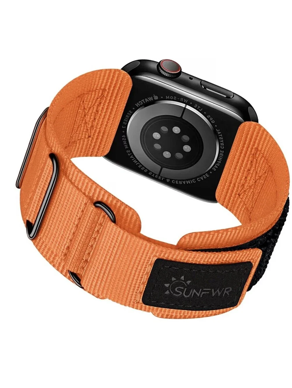SUNFWR Orange Nylon Hook and Loop  Strap w Metal Buckle for Apple Watch Rugged